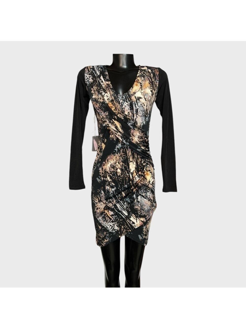 Forever21 NWT Long Sleeve Faux Wrap Mini Dress Small Black Brown Camo V-Neck NEW